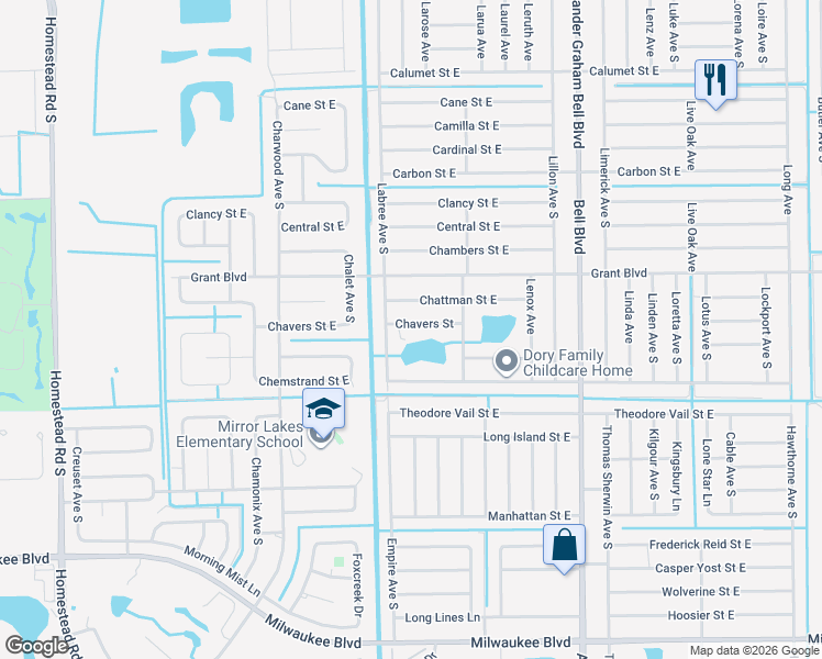 map of restaurants, bars, coffee shops, grocery stores, and more near 487 Labree Avenue South in Lehigh Acres