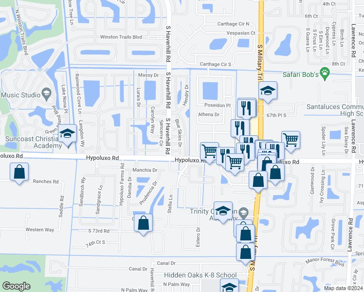 map of restaurants, bars, coffee shops, grocery stores, and more near 6951 Blue Skies Drive in Lake Worth