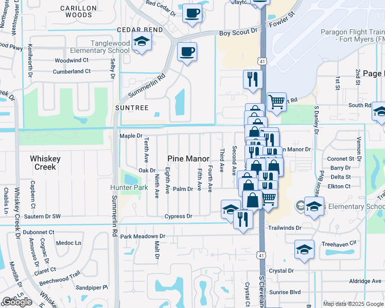 map of restaurants, bars, coffee shops, grocery stores, and more near in Pine Manor