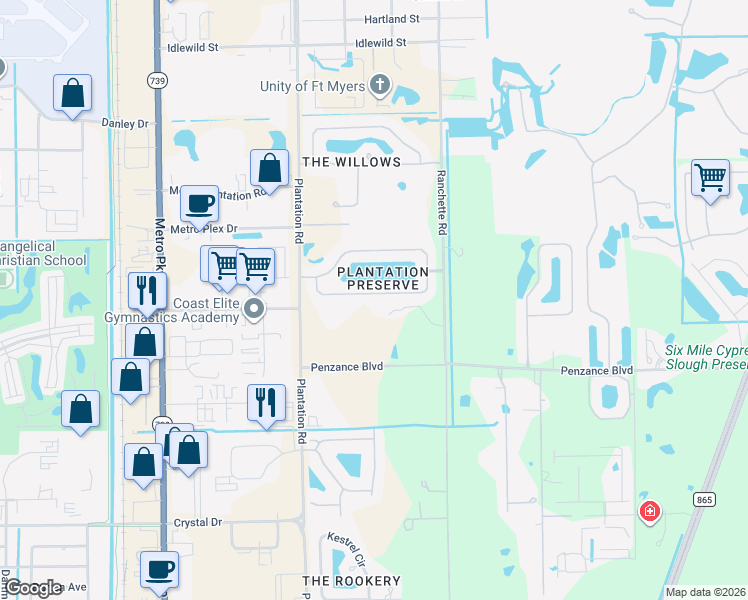 map of restaurants, bars, coffee shops, grocery stores, and more near 11594 Plantation Preserve Circle South in Fort Myers