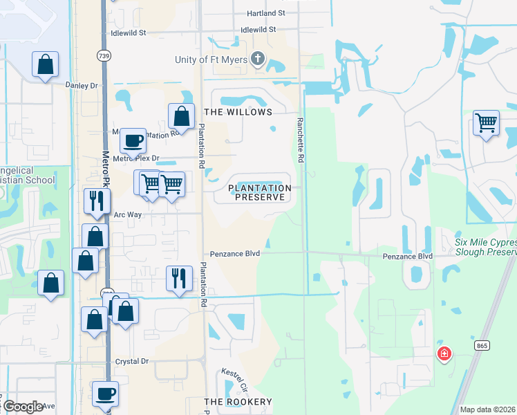 map of restaurants, bars, coffee shops, grocery stores, and more near 11602 Plantation Preserve Circle South in Fort Myers