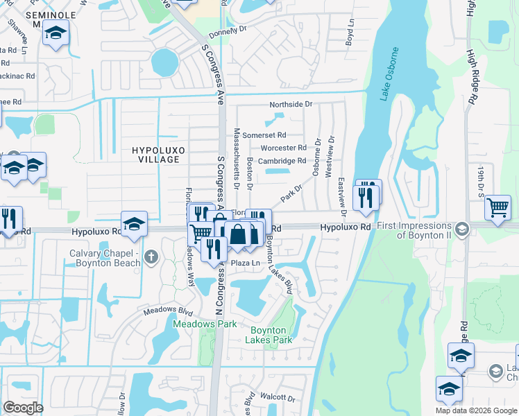 map of restaurants, bars, coffee shops, grocery stores, and more near 6900 Boston Drive in Lake Worth