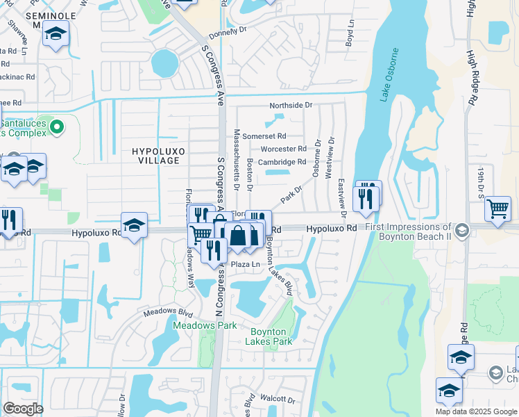 map of restaurants, bars, coffee shops, grocery stores, and more near 2855 Floral Road in Lake Worth