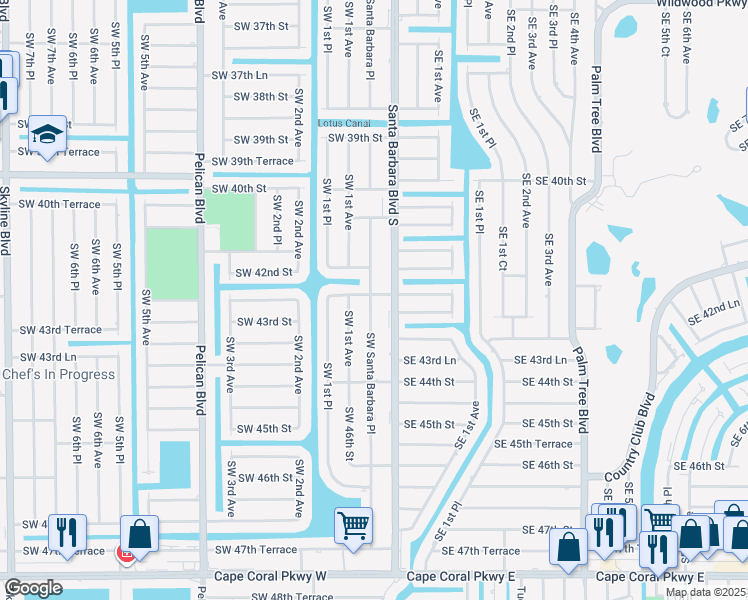 map of restaurants, bars, coffee shops, grocery stores, and more near 4215 Southwest Santa Barbara Place in Cape Coral