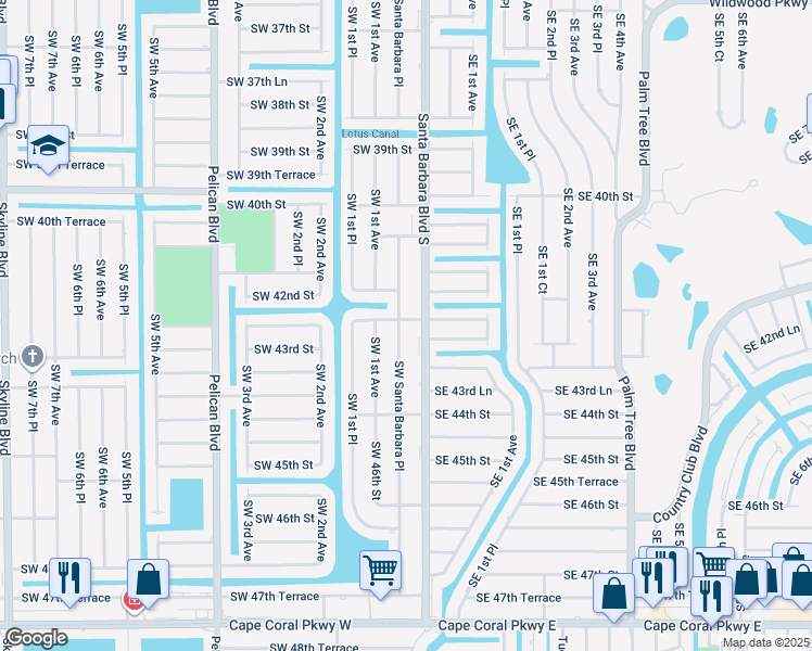 map of restaurants, bars, coffee shops, grocery stores, and more near 4215 Southwest Santa Barbara Place in Cape Coral