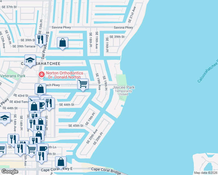 map of restaurants, bars, coffee shops, grocery stores, and more near 1933 Beach Parkway in Cape Coral