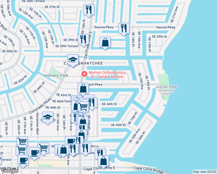 map of restaurants, bars, coffee shops, grocery stores, and more near 1729 Beach Parkway in Cape Coral