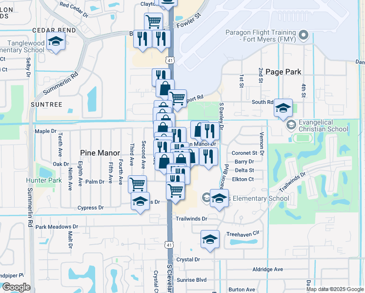 map of restaurants, bars, coffee shops, grocery stores, and more near 11435 South Cleveland Avenue in Fort Myers