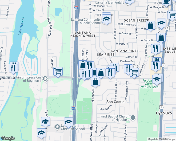 map of restaurants, bars, coffee shops, grocery stores, and more near 1410 West Trammell Street in Lantana