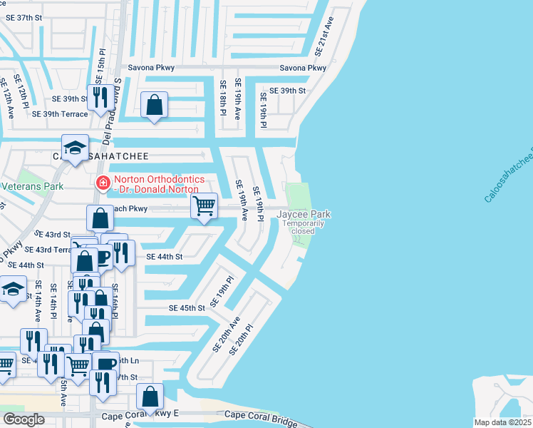 map of restaurants, bars, coffee shops, grocery stores, and more near 1933 Beach Parkway in Cape Coral