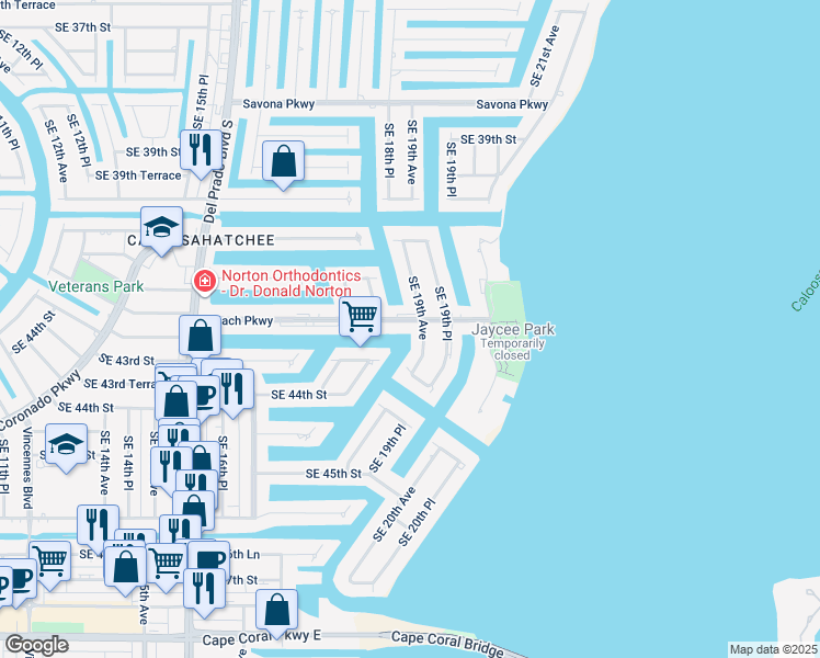 map of restaurants, bars, coffee shops, grocery stores, and more near 4121 Southeast 19th Avenue in Cape Coral