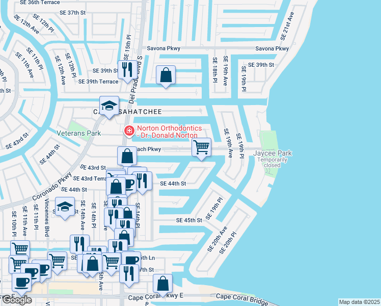 map of restaurants, bars, coffee shops, grocery stores, and more near 1755 Beach Parkway in Cape Coral