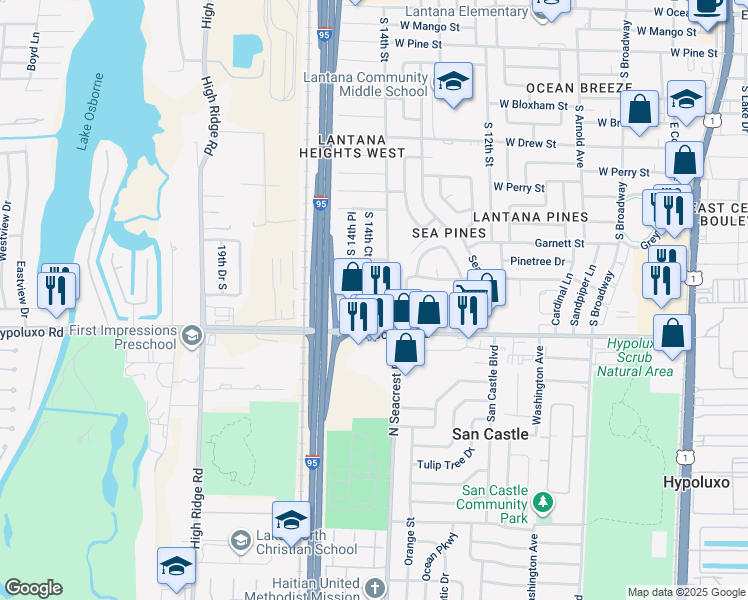 map of restaurants, bars, coffee shops, grocery stores, and more near 1416 West Hardee Street in Lantana