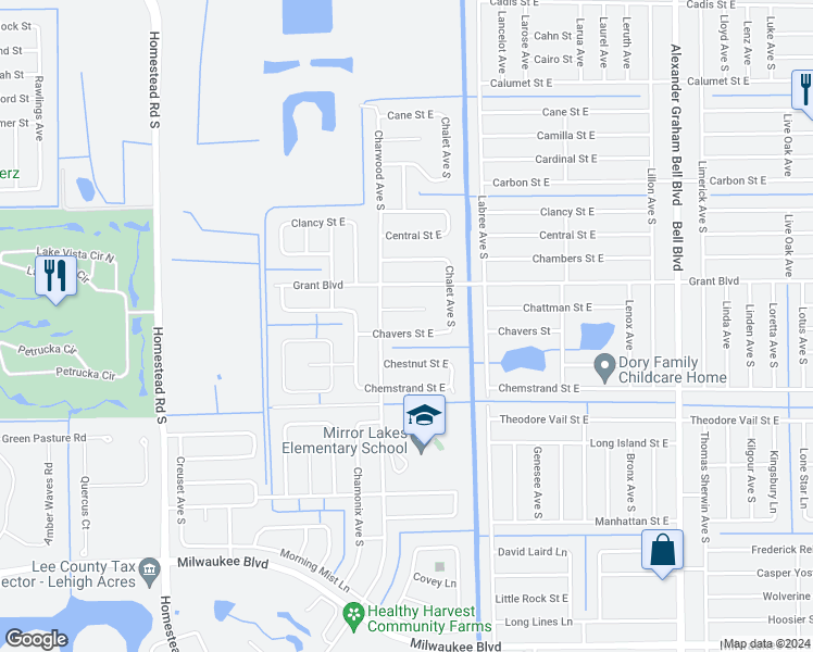 map of restaurants, bars, coffee shops, grocery stores, and more near 663 Chavers Street in Lehigh Acres