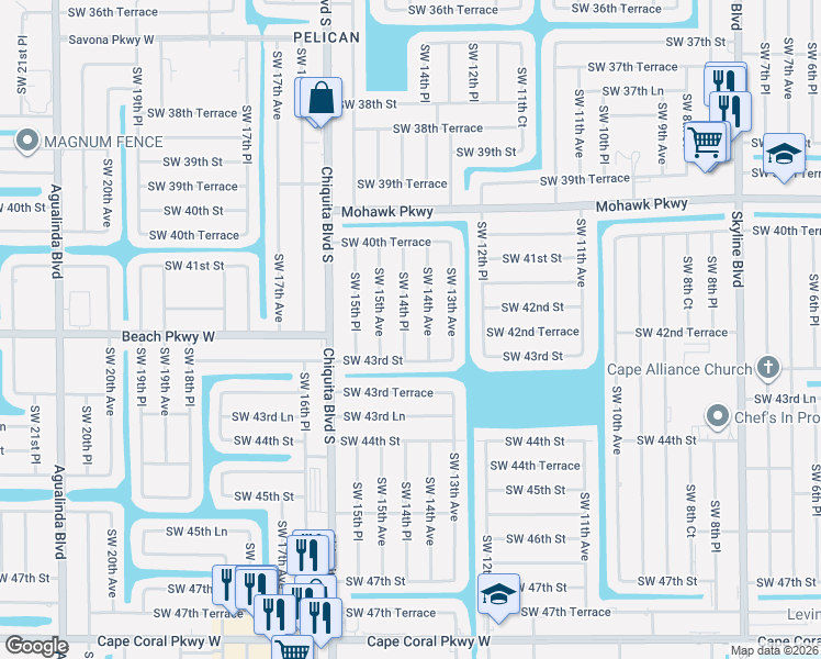 map of restaurants, bars, coffee shops, grocery stores, and more near 4205 Southwest 14th Place in Cape Coral