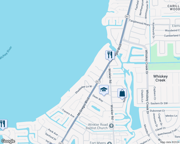 map of restaurants, bars, coffee shops, grocery stores, and more near 16540 River Palm Court in Fort Myers