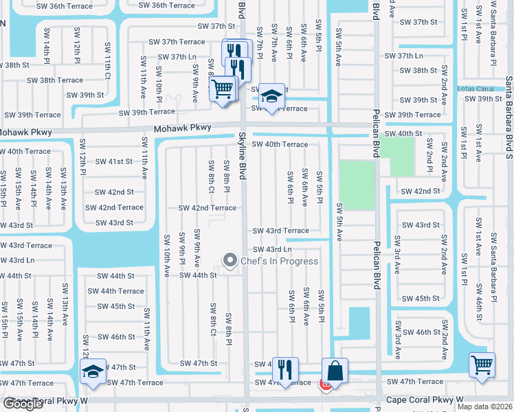 map of restaurants, bars, coffee shops, grocery stores, and more near 4140 Southwest 7th Place in Cape Coral
