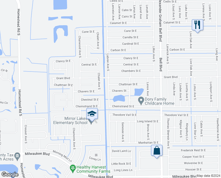 map of restaurants, bars, coffee shops, grocery stores, and more near 715 Chavers Street in Lehigh Acres