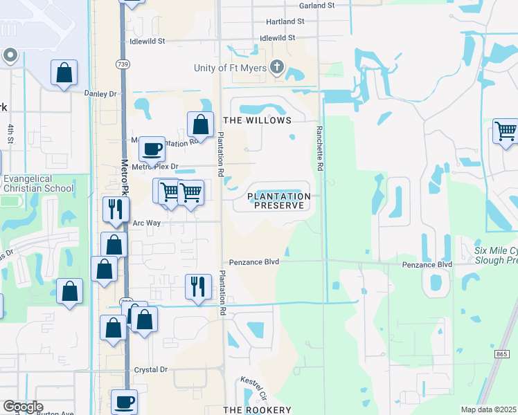 map of restaurants, bars, coffee shops, grocery stores, and more near 11581 Plantation Preserve Circle South in Fort Myers