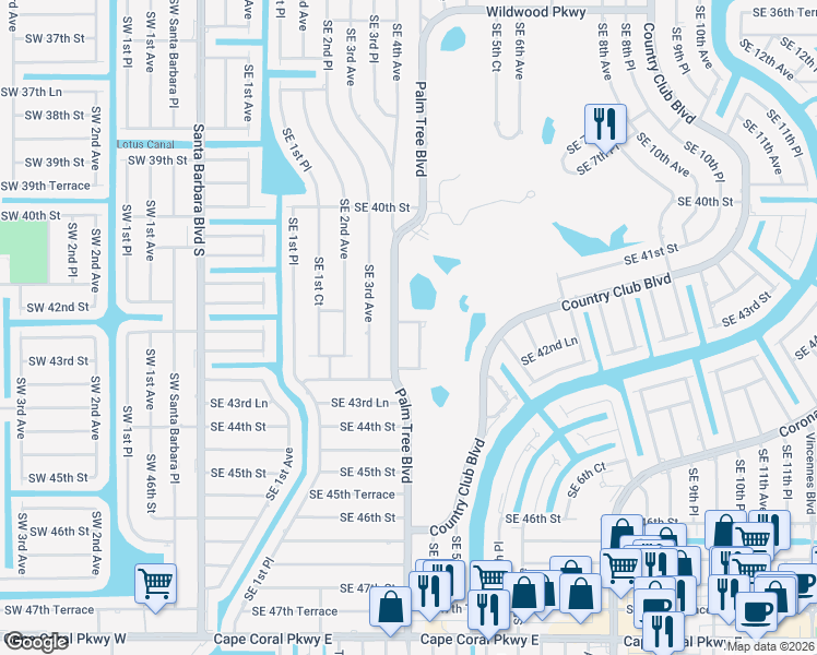 map of restaurants, bars, coffee shops, grocery stores, and more near 402 Southeast 42nd Terrace in Cape Coral