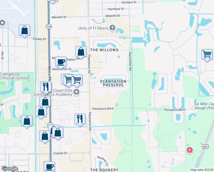 map of restaurants, bars, coffee shops, grocery stores, and more near 11581 Plantation Preserve Circle South in Fort Myers