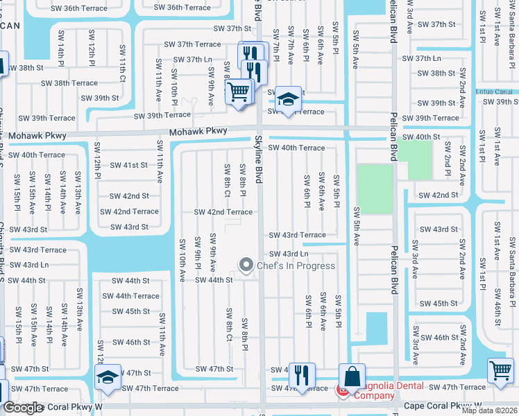 map of restaurants, bars, coffee shops, grocery stores, and more near 4139 Southwest 8th Place in Cape Coral