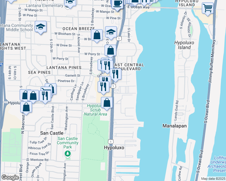 map of restaurants, bars, coffee shops, grocery stores, and more near 1404 South Dixie Highway in Lantana