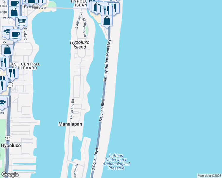 map of restaurants, bars, coffee shops, grocery stores, and more near 940 South Ocean Boulevard in Lantana