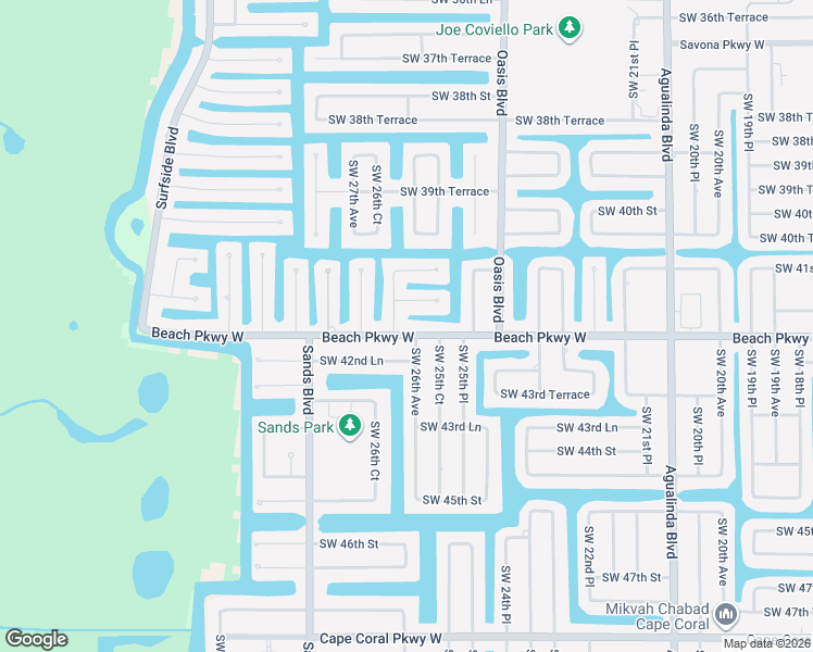 map of restaurants, bars, coffee shops, grocery stores, and more near 2601 Beach Parkway West in Cape Coral