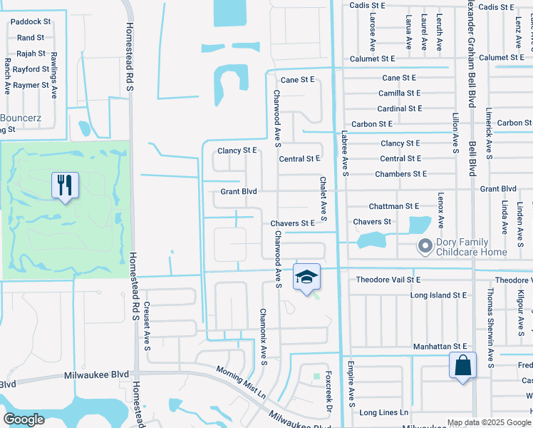 map of restaurants, bars, coffee shops, grocery stores, and more near 626 Chattman Street East in Lehigh Acres