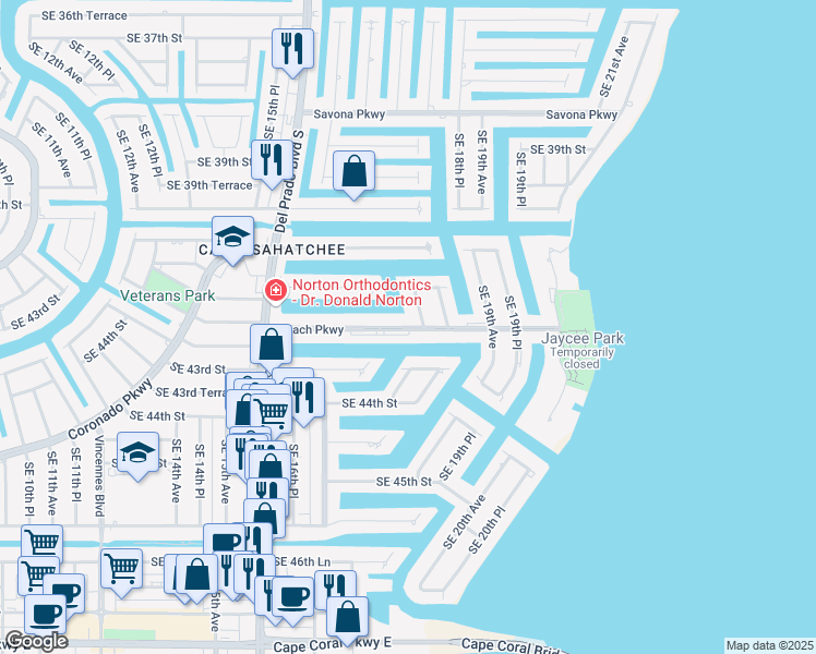 map of restaurants, bars, coffee shops, grocery stores, and more near Beach Parkway in Cape Coral