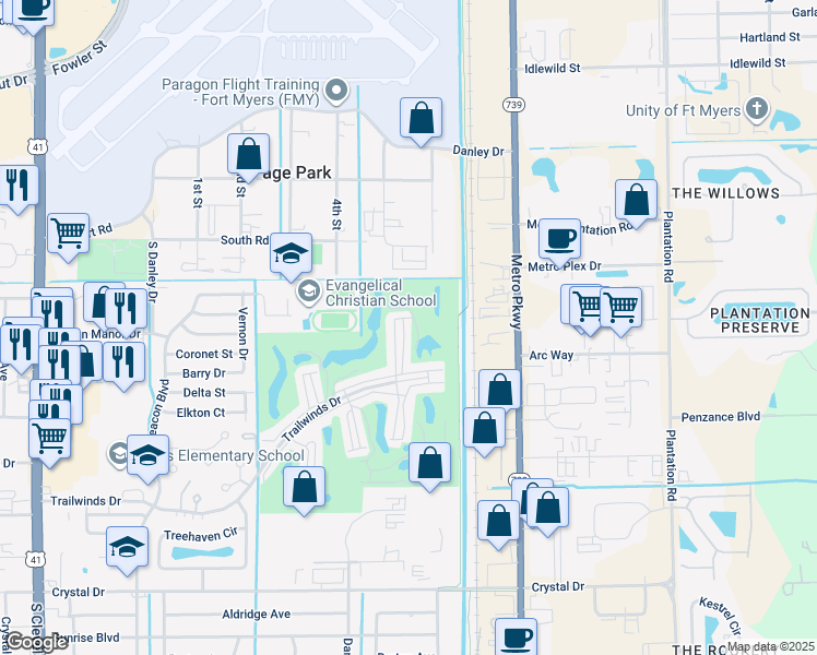 map of restaurants, bars, coffee shops, grocery stores, and more near 5865 Trailwinds Drive in Fort Myers