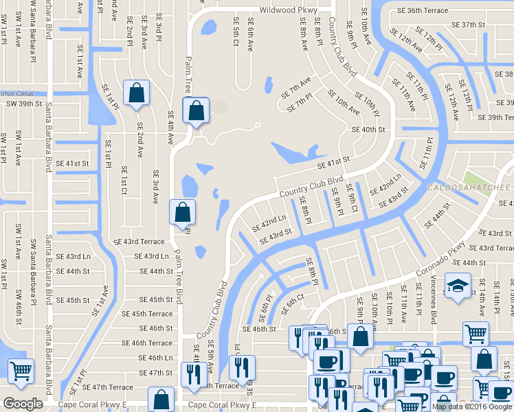 map of restaurants, bars, coffee shops, grocery stores, and more near 4223 Country Club Boulevard in Cape Coral
