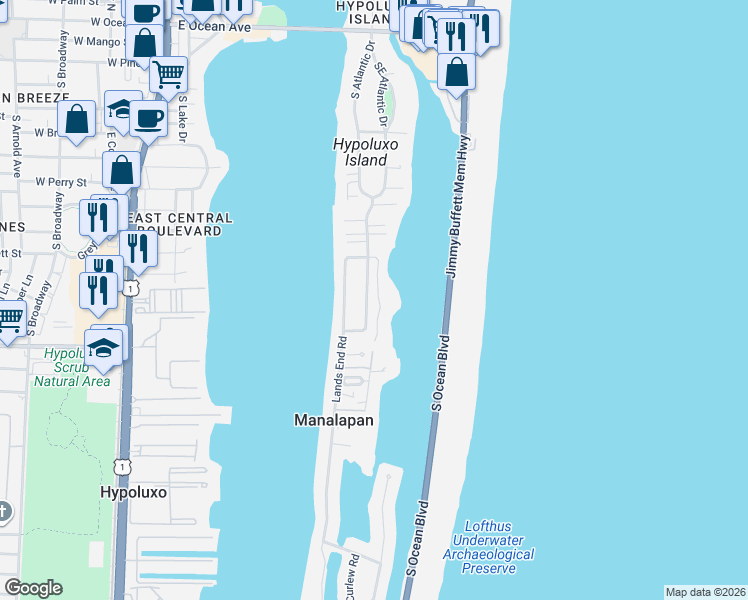 map of restaurants, bars, coffee shops, grocery stores, and more near 1102 South Atlantic Drive in Lantana