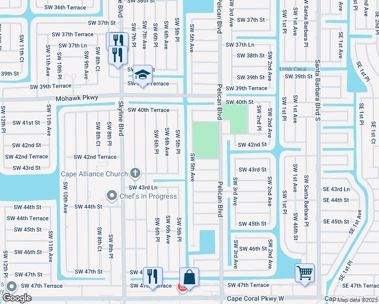 map of restaurants, bars, coffee shops, grocery stores, and more near 4141 Southwest 5th Place in Cape Coral
