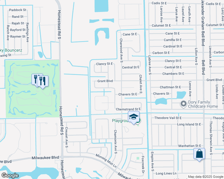 map of restaurants, bars, coffee shops, grocery stores, and more near 626 Chattman Street East in Lehigh Acres