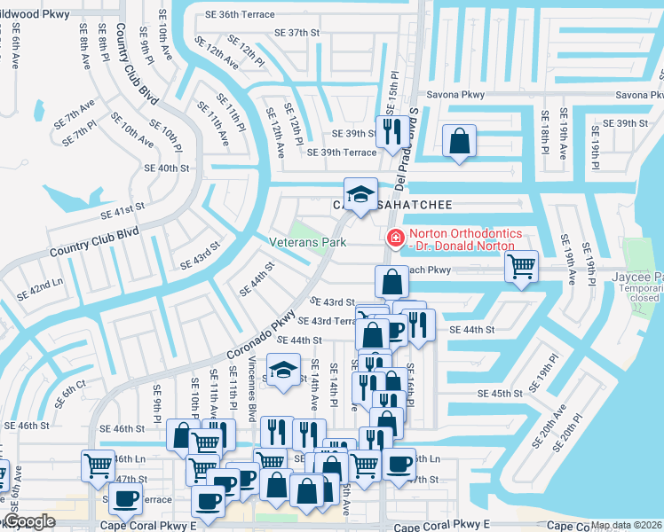 map of restaurants, bars, coffee shops, grocery stores, and more near 4201 Coronado Pkwy in Cape Coral