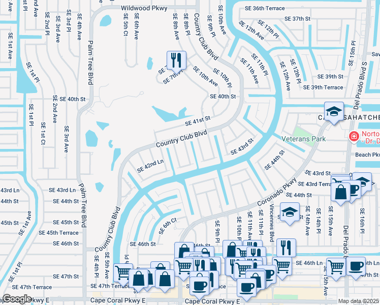 map of restaurants, bars, coffee shops, grocery stores, and more near 4221 Southeast 9th Avenue in Cape Coral