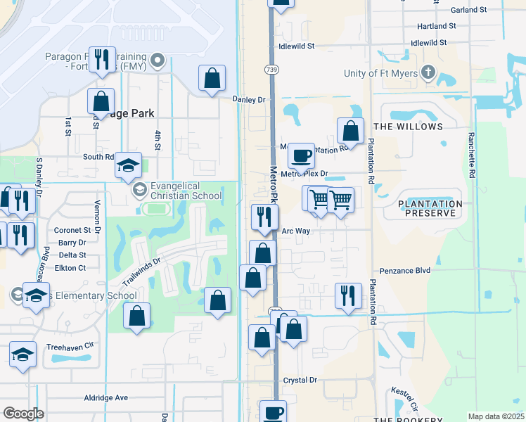 map of restaurants, bars, coffee shops, grocery stores, and more near 11680 Metro Parkway in Fort Myers