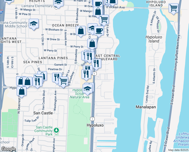map of restaurants, bars, coffee shops, grocery stores, and more near 1402 South Dixie Highway in Lantana
