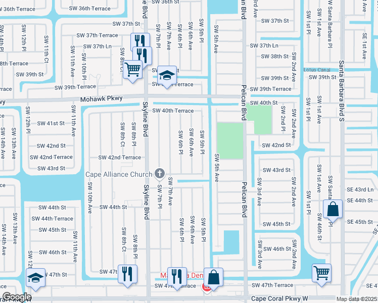 map of restaurants, bars, coffee shops, grocery stores, and more near 4140 Southwest 6th Avenue in Cape Coral