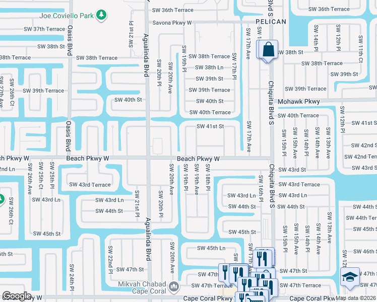 map of restaurants, bars, coffee shops, grocery stores, and more near 4139 Southwest 19th Place in Cape Coral