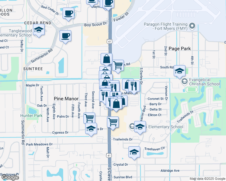 map of restaurants, bars, coffee shops, grocery stores, and more near 11435 South Cleveland Avenue in Fort Myers