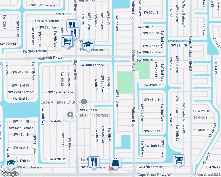 map of restaurants, bars, coffee shops, grocery stores, and more near 4141 Southwest 5th Place in Cape Coral