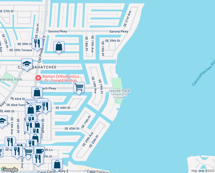 map of restaurants, bars, coffee shops, grocery stores, and more near 1933 Beach Parkway in Cape Coral