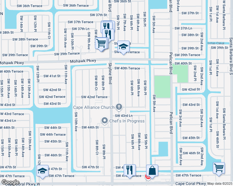 map of restaurants, bars, coffee shops, grocery stores, and more near 4140 Southwest 7th Place in Cape Coral