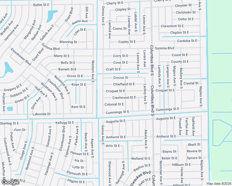 map of restaurants, bars, coffee shops, grocery stores, and more near 1120 Croquet Street East in Lehigh Acres