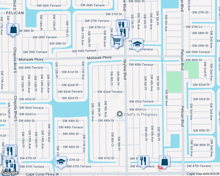 map of restaurants, bars, coffee shops, grocery stores, and more near 4140 Southwest 8th Court in Cape Coral