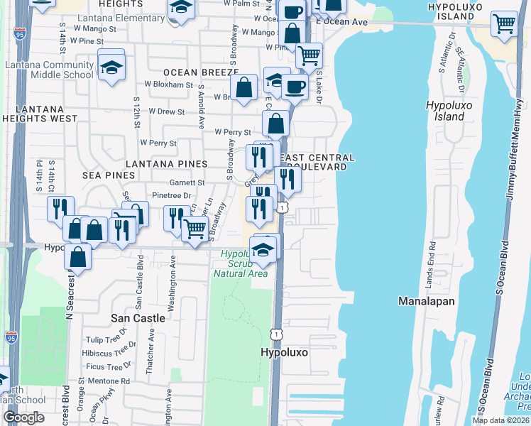 map of restaurants, bars, coffee shops, grocery stores, and more near 1331 South Federal Highway in Boynton Beach
