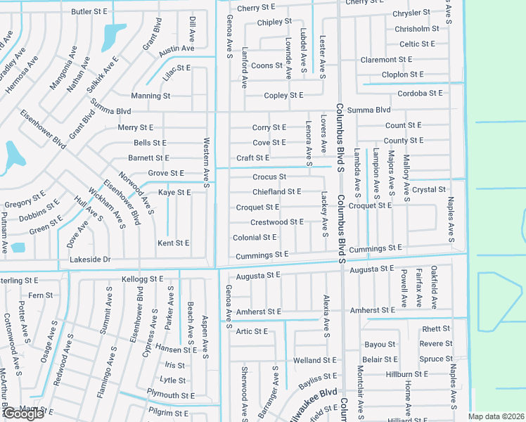 map of restaurants, bars, coffee shops, grocery stores, and more near 1120 Croquet Street East in Lehigh Acres